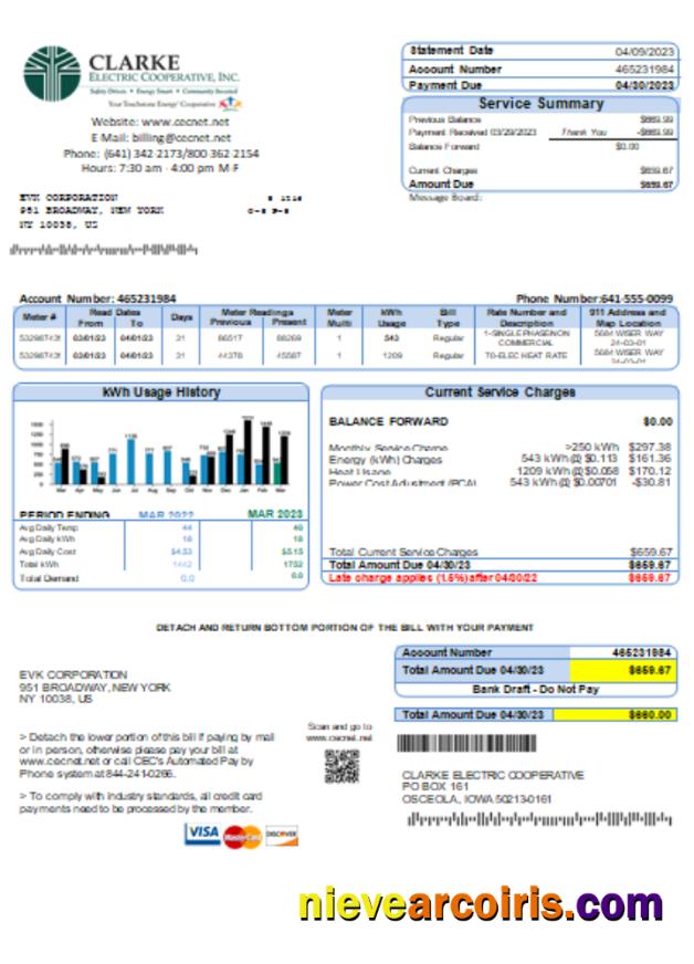 Clarke Electric Co-Op Inc utility business bill